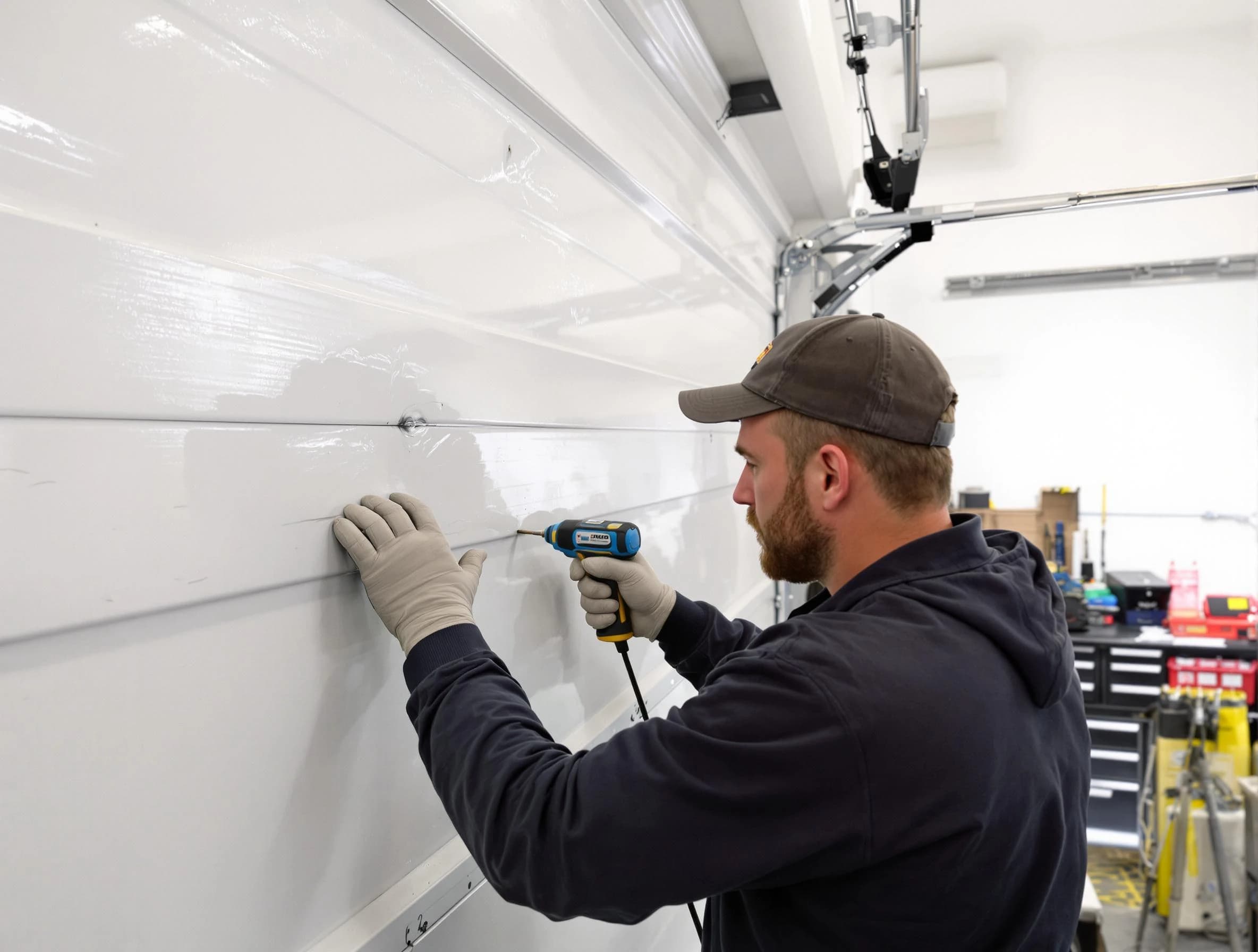 Pittsburgh Garage Door Repair technician demonstrating precision dent removal techniques on a Pittsburgh garage door